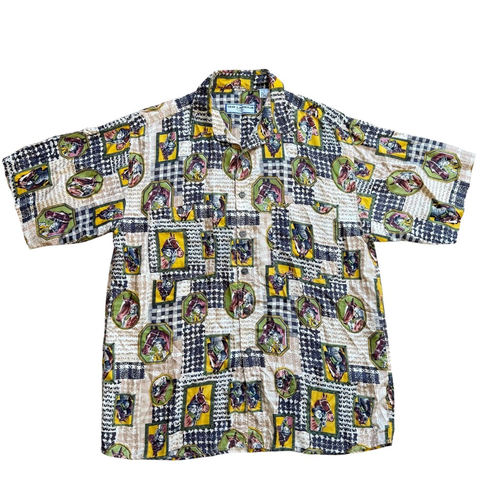 Ted Lapidus Homme‎ Paris Silk Horse Print Shirt Mens L Equestrian Short Sleeve